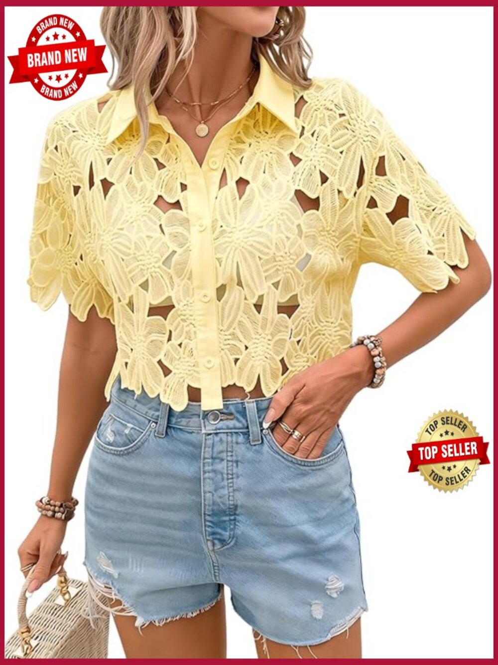 Crop Top Floral Lace Short Sleeve Button Down Blouse